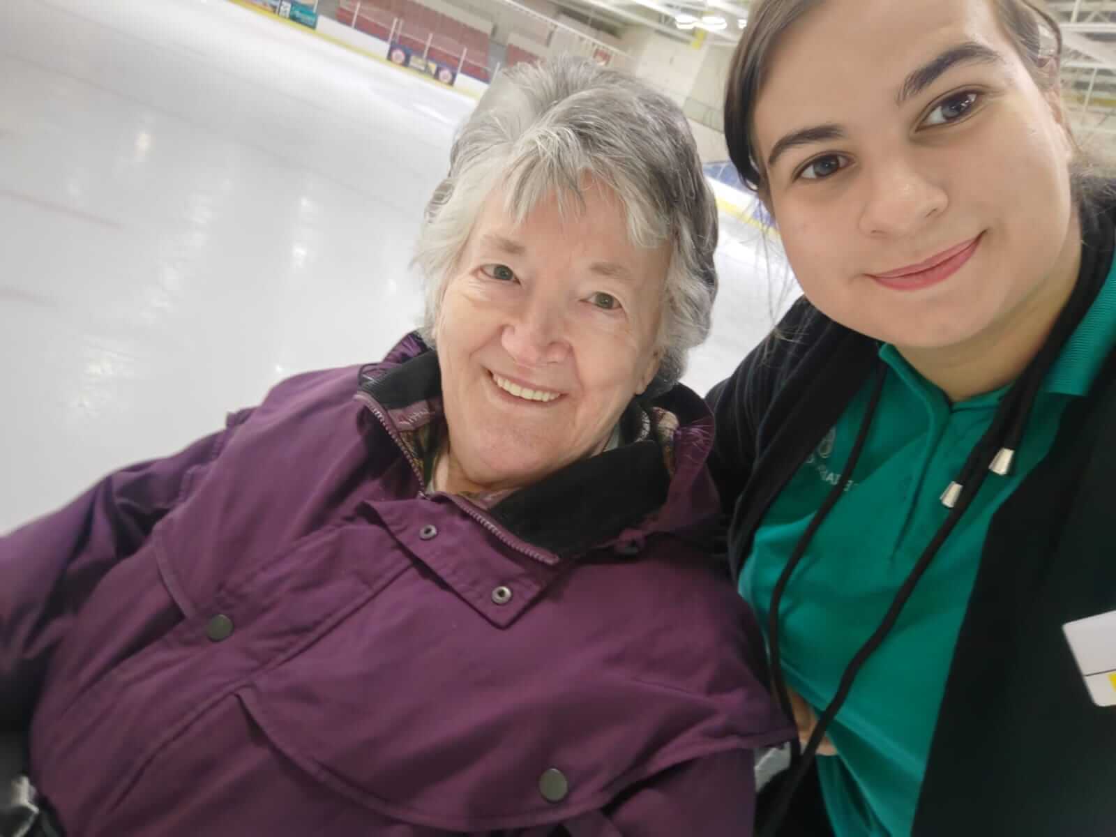 Staff member Ana and resident Lynn enjoy time on the ice within Aberdeens local ice rink 