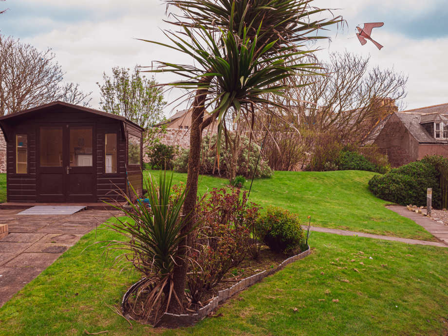 A landscaped garden space with a path and a variety of bushes, hedges & shrubs. There is a large summer house to the left hand side. 